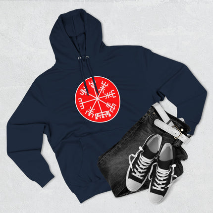 Norse Vegvisir compass graphic on a dark blue Viking mythology pullover hoodie.
