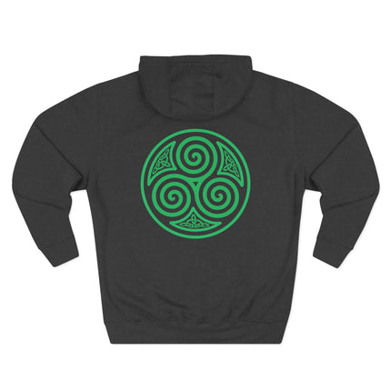 Green Celtic triskelion triple spiral symbol printed on a black hoodie.