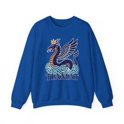 Tiamat winged sea dragon graphic on a blue sweatshirt, featuring Mesopotamian mythology art.