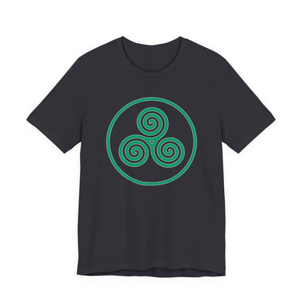 Celtic triskele triple spiral knot graphic on a black t-shirt.
