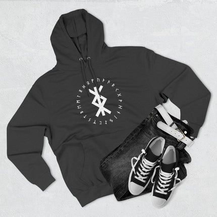 Black Norse rune graphic hoodie featuring Viking protection sigils and pagan mythology symbols.