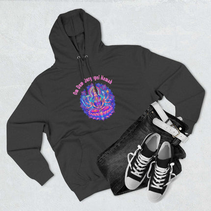 Vibrant Durga Goddess art and Om Dum Durgayei Namah mantra on a black spiritual hoodie.