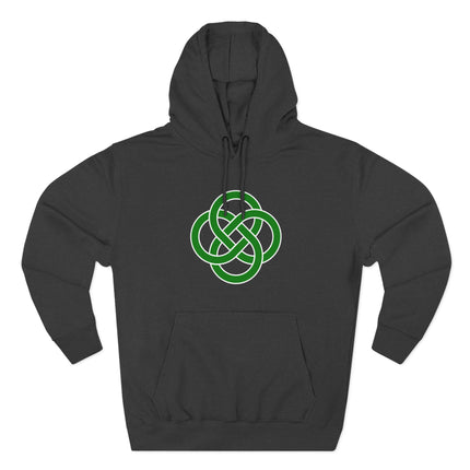 Green Celtic knot symbol design on a black hoodie.