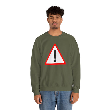 Danger warning sign graphic on a unisex pullover sweatshirt.