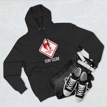 Black rock hoodie featuring a "Headbanging Zone Stay Clear" metal music warning sign graphic.