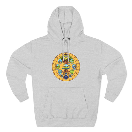 Yggdrasil Nine Realms Norse Mythology tree graphic on a gray pullover hoodie.