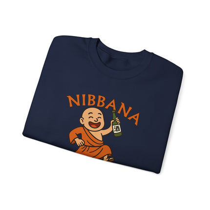 Funny Buddhist monk graphic sweatshirt featuring "Nibbana Can Wait" text.