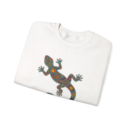 Colorful Huichol lizard art pullover sweatshirt featuring tribal gecko design print.