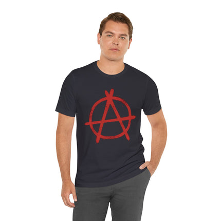 Dark t-shirt featuring a red graffiti anarchy symbol graphic tee design.