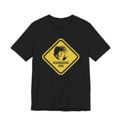 Black t-shirt featuring a "Headbanging Zone" rock warning sign graphic for metal fans.