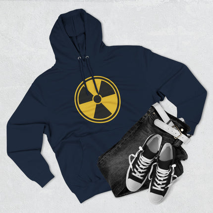 Radioactive symbol graphic on a dark blue unisex hoodie.