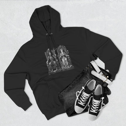 Hades and Persephone Greek mythology illustration on a black pullover hoodie.