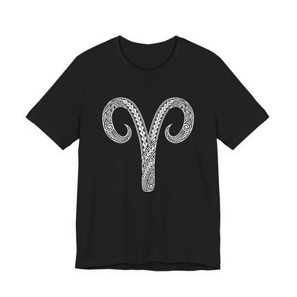 Tribal Aries zodiac symbol glyph on a black t-shirt.