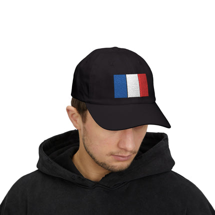 Black French tricolor baseball cap featuring the blue, white, and red flag design.