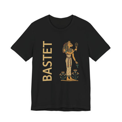 Bastet Egyptian goddess graphic tee featuring the name BASTET and ancient mythology symbols.