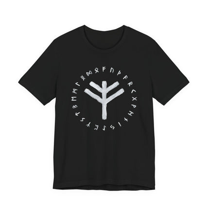 Black tee featuring Norse Elder Futhark runes and a central symbolic rune design.