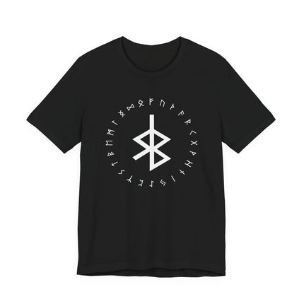 Norse rune circle t-shirt featuring the Elder Futhark and Bind Rune symbol. Viking graphic tee.