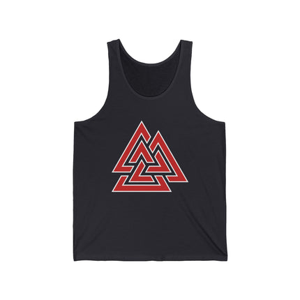 Black tank top with red Valknut symbol, representing Norse mythology and Viking culture.