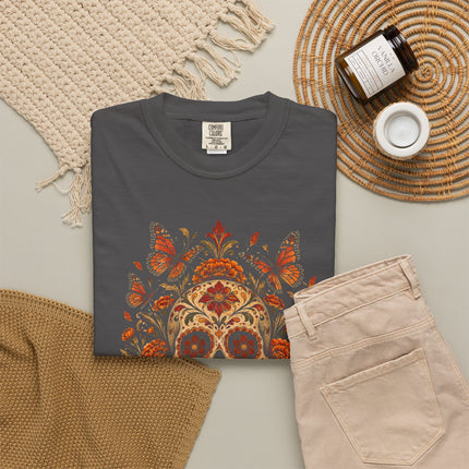 Skull with Marigolds and Butterflies T-Shirt | Floral Calavera Art