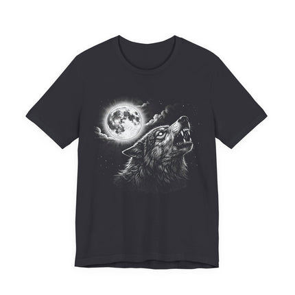 Howling wolf and full moon graphic print on a black t-shirt.