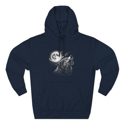 Howling wolf under a full moon and cosmic night sky graphic.