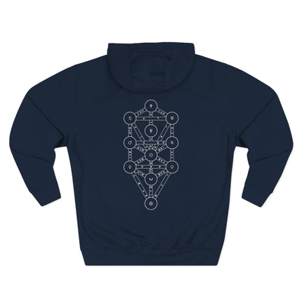 Kabbalah Tree of Life Sephirot diagram printed on a dark pullover hoodie.