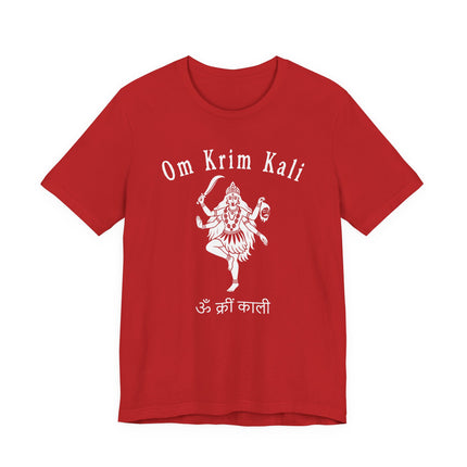 Om Krim Kali Goddess Kali graphic on a red spiritual t-shirt featuring Hindu mantra art.