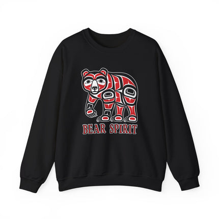 Bear Spirit tribal art graphic featuring a stylized bear in red and white on a black pullover sweatshirt.