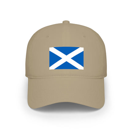 Beige baseball cap featuring the blue and white Scottish Saltire (St Andrew's Cross).