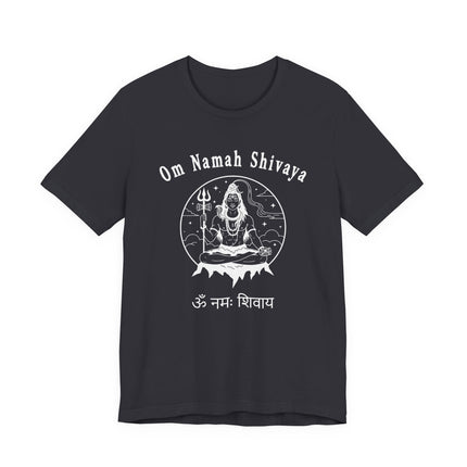 Lord Shiva meditating graphic tee with Om Namah Shivaya mantra and Hindu symbols.