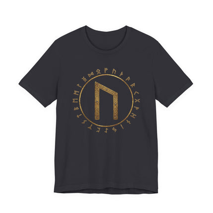 Black t-shirt featuring the Uruz rune and Elder Futhark alphabet in a circular Norse design.
