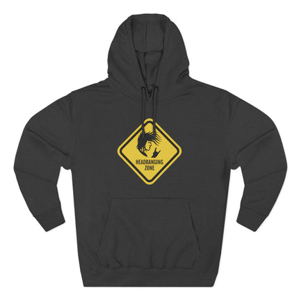 Black hoodie with "Headbanging Zone" warning sign graphic and rock silhouette.