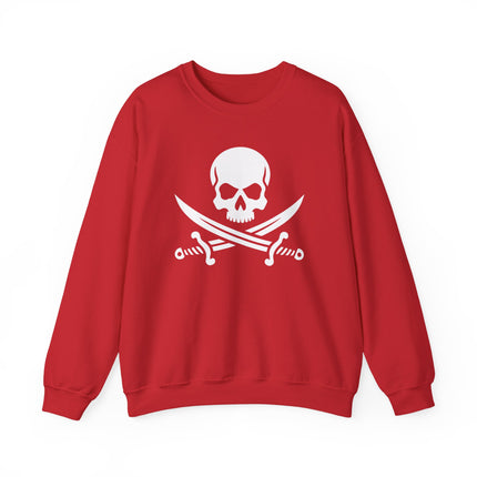 Skull and crossed sabers pirate graphic on a red unisex sweatshirt.