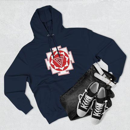 Spiritual Kali Yantra sacred geometry symbol on a dark blue pullover hoodie.