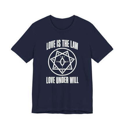 Love Is The Law Thelema occult symbol graphic t-shirt featuring a heptagram design.