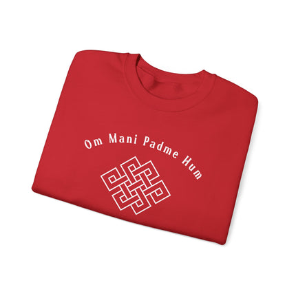 Om Mani Padme Hum Endless Knot Buddhist mantra design on spiritual pullover sweatshirt.