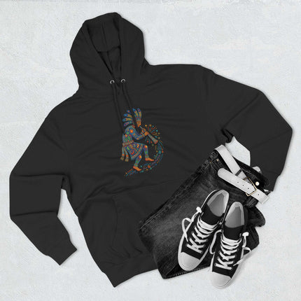 Southwestern Kokopelli flute player art on a black hoodie. Vibrant Native American design.