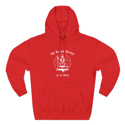 Red Om Namah Shivaya hoodie featuring Lord Shiva graphic and Sanskrit mantra.