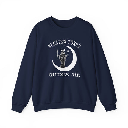 Hecate's Torch guides me sweatshirt design featuring goddess, moon, witch, and pagan symbols.