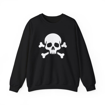 White skull and crossbones graphic on a black pullover sweatshirt.