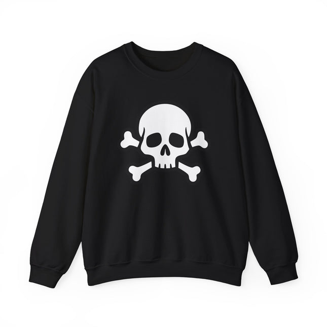 White skull and crossbones graphic on a black pullover sweatshirt.