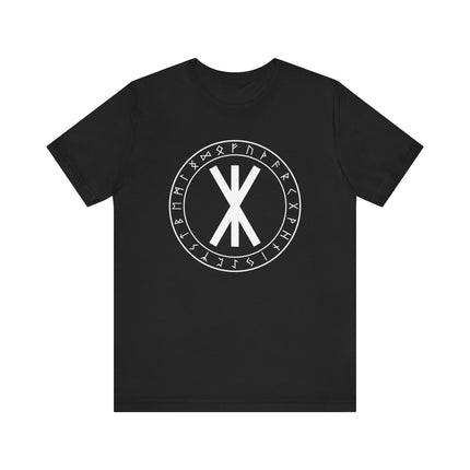 Black t-shirt with Norse rune graphic featuring the Elder Futhark circle and protective symbol.
