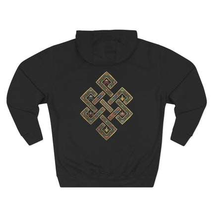 Golden Endless Knot Buddhist symbol print on a black pullover hoodie.