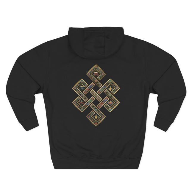 Golden Endless Knot Buddhist symbol print on a black pullover hoodie.