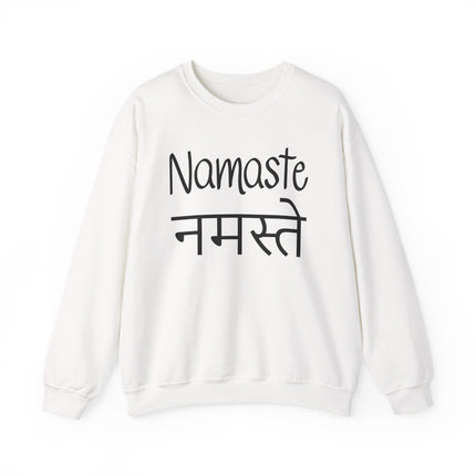 White unisex sweatshirt featuring "Namaste" and "नमस्ते" in Devanagari script.