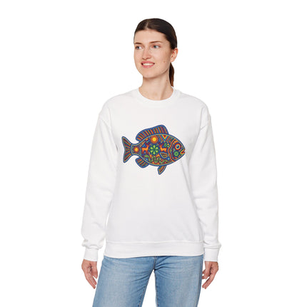 White sweatshirt featuring a vibrant, patterned Mexican folk art fish design.
