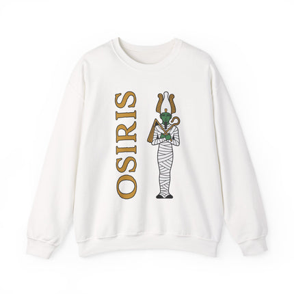 Osiris Egyptian god graphic on a white sweatshirt. Features mummy wrappings and the name OSIRIS.