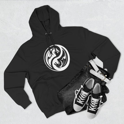 Black hoodie featuring a Yin Yang graphic with two stylized dragons, symbolizing balance and duality.