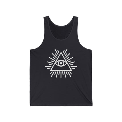 All-Seeing Eye of Providence symbol on a black pyramid tank top.