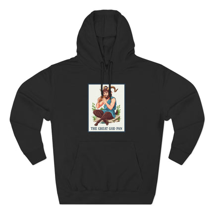The Great God Pan satyr graphic on a black hoodie, featuring Greek mythology art.